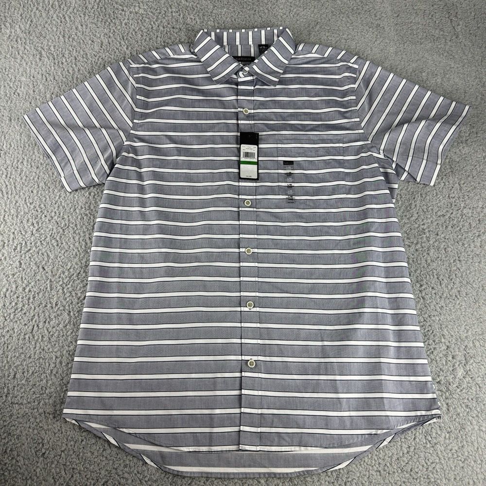 Van Heusen Men's Short Sleeve Shirt Button Up Gray Striped Size Large Slim Fit
